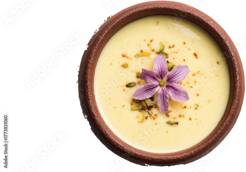 mango lassi, a formal indian milk drink, in a clay pot with a flower and pistachios on a white background, top view, high-resolution photography
