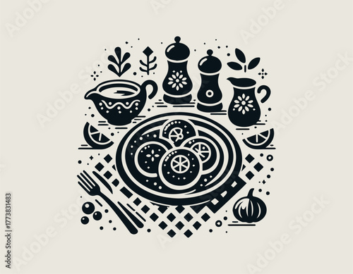 Traditional Fried Chicken Cutlets Dish Elegantly Served on a Blue Plate with Herbs and Spices Vector Illustration