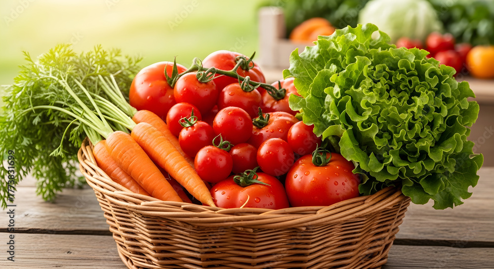 Fototapeta premium Fresh Vegetables in Wicker Basket on Wooden Table | Healthy Eating and Local Produce for Food Blog, Recipe Illustration, and Organic Market Advertising
