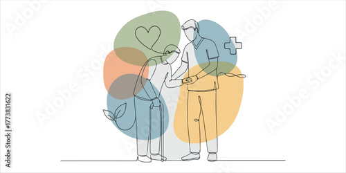 Healthy lifestyle and medical concept, the healthcare worker supports elderly patient, A refined continuous line art illustration enhanced with abstract color blocks and organic shapes