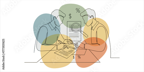 Business or tax document review, A refined continuous line art illustration enhanced with abstract color blocks and organic shapes
