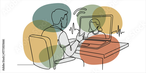 Working and talking on the computer with video calling A refined continuous line art illustration enhanced with abstract color blocks and organic shapes