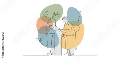 Young carer giving helping hands for the elderly woman, A refined continuous line art illustration enhanced with abstract color blocks and organic shapes