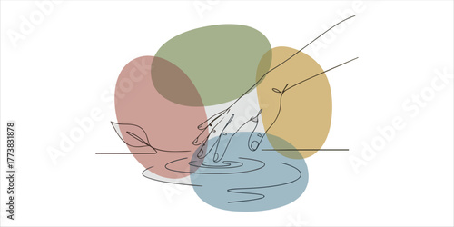 A female hand touching the river water, A refined continuous line art illustration enhanced with abstract color blocks and organic shapes