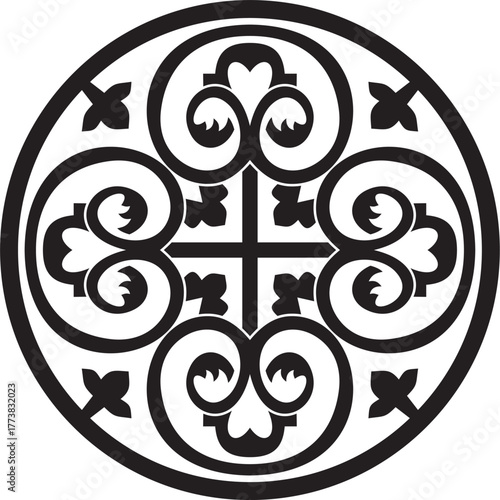 Vector black monochrome round ancient Byzantine ornament. Classical circle of the Eastern Roman Empire, Greece. Pattern motifs of Constantinople.