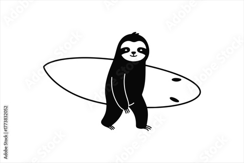 Sloth surfer character carrying a longboard or surfboard, minimalist black silhouette vector illustration, cartoon animal mascot ready for a tropical summer surf trip