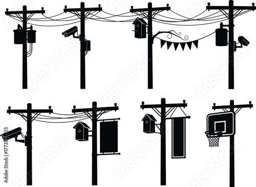 Utility poles with cameras, birdhouses, transformer boxes, banners, basketball hoop, wires, silhouette illustration, urban concept, creative design, flat vector