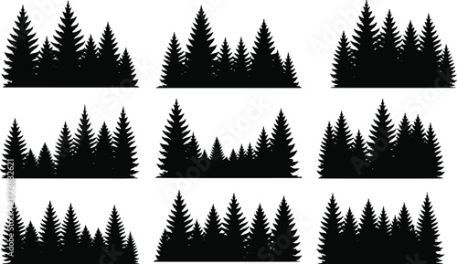 Flat vector silhouette set of conifer tree clusters, forest shapes, pine elements, nature design, black woodland illustration, evergreen icons
