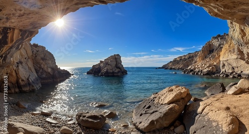Fototapeta Naklejka Na Ścianę i Meble -  secluded mediterranean cove with rocky beach and turquoise water viewed through a natural stone archway on a sunny day