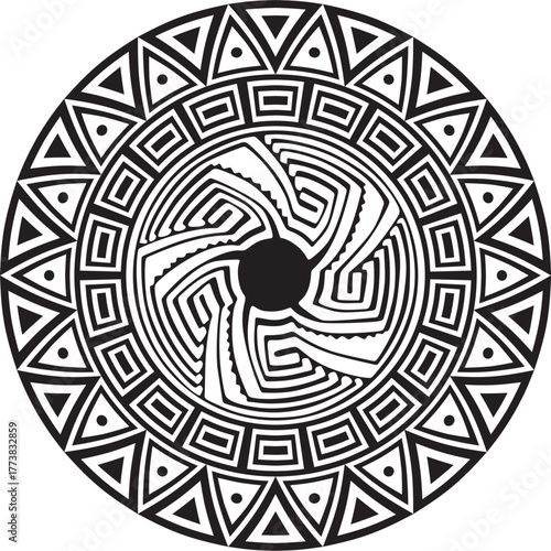 Native American vector round monochrome pattern. Geometric shapes in a circle. National ornament of the peoples of America, Maya, Aztecs, Incas.