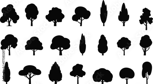 Flat vector silhouette set of assorted tree shapes, forest elements, botanical icons, nature design, black foliage, landscape illustration