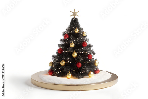 Elegant Black Christmas Tree with Red and Gold Ornaments on White Snow Base – Festive Holiday Decoration, Minimalist Xmas Tree Design, Modern Seasonal Celebration Render.