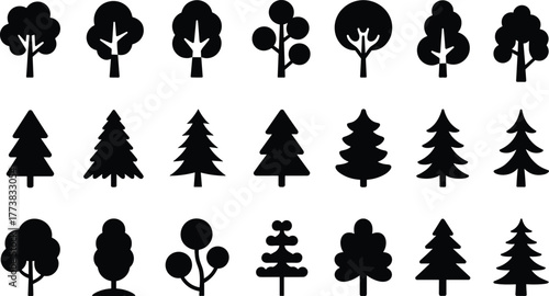 Flat vector silhouette set of stylized tree shapes, conifer and deciduous designs, forest elements, botanical icons, black nature illustration
