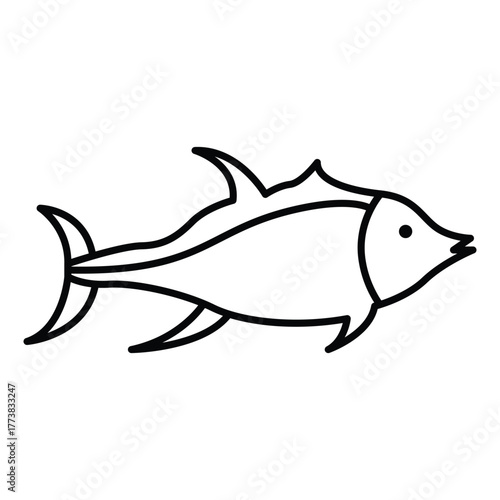 A simple line drawing of a fish featuring curved lines that depict its fins tail and body It has a pointed mouth and a single dot for its eye