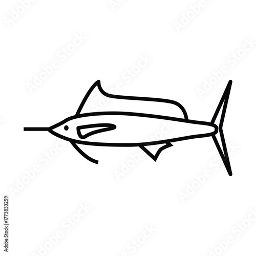A simple line drawing of a marlin with a long bill distinct fins and a forked tail depicted against a white background