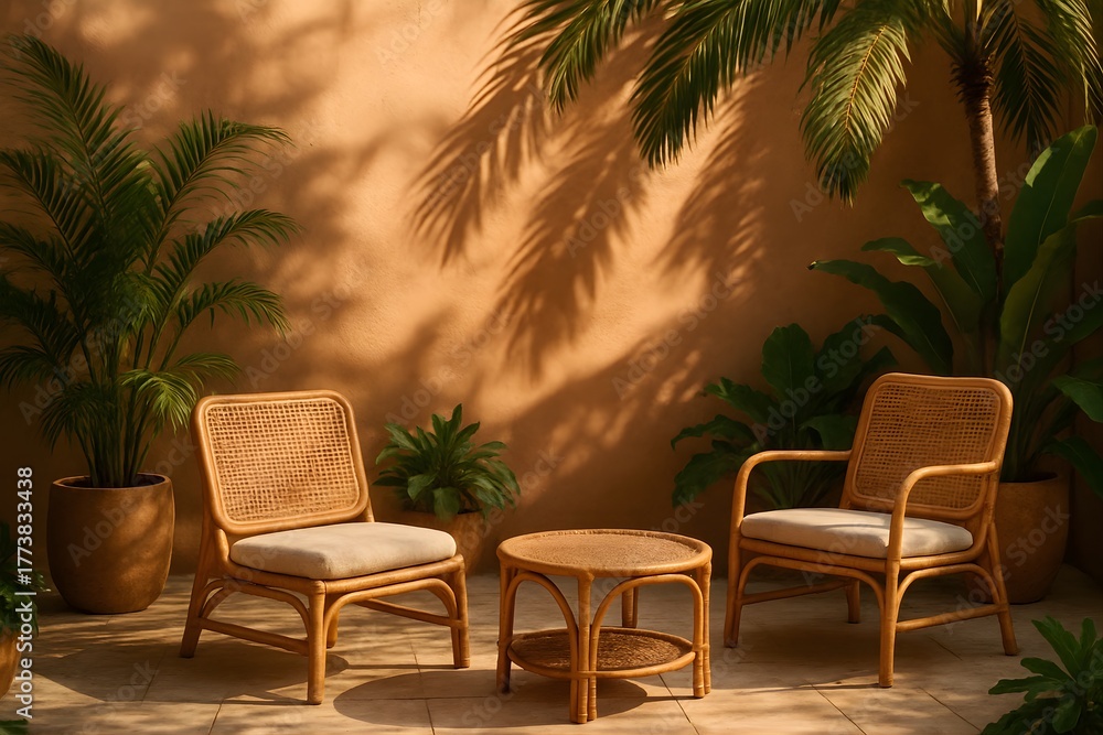 Fototapeta premium Inviting patio seating area with natural rattan furniture, potted palms, and warm sunlight