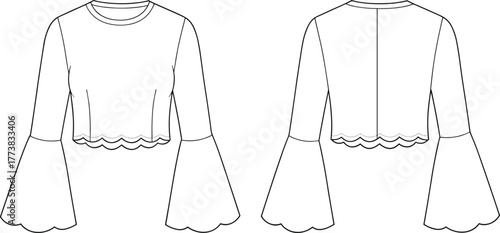 Women's cropped top fashion flat sketch with bell sleeves, scalloped hem, front and back view technical illustration for apparel design.