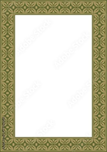 Vector square gold with green ancient Russian ornament. Slavic rectangle, border, frame. Painting of the royal chambers.