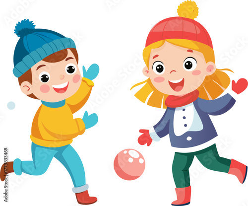   Kids throwing snowballs, fun winter vector, vector icon, white background