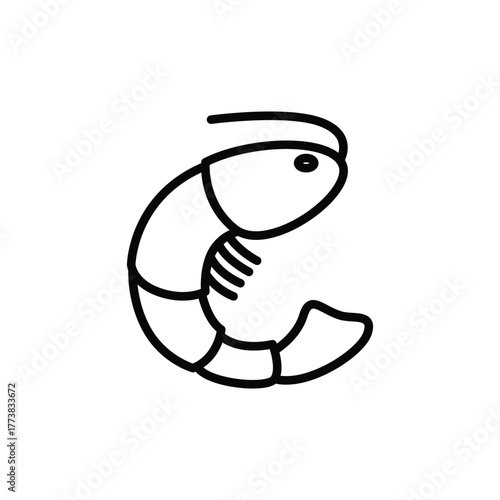 A stylized drawing of a shrimp shown as a curved figure with sections an eye and antenna