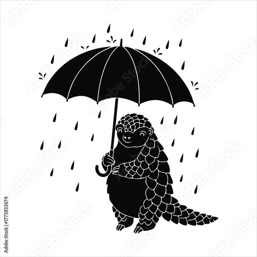 A cheerful pangolin stands holding an umbrella happily in the pouring rain, rendered in a stylized black and white monochrome vector cartoon illustration graphic design