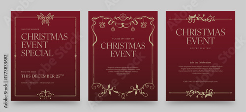 Classic Christmas Event Flyer and Poster Templates with Ornate Gold Border Frame and Elegant Red Background – Traditional Holiday Vector