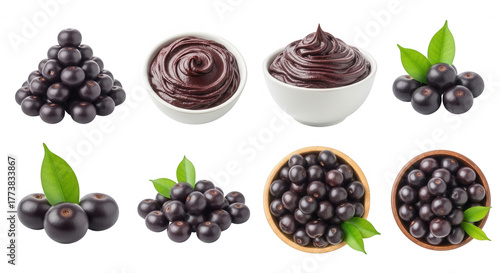 Dark purple berries and puree isolated on a transparent background