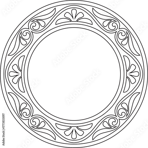 Vector black contour round classic byzantine ornament. Circle, ring, border, Ancient Greece, Eastern Roman Empire frame. Decoration of the Russian Orthodox Church
