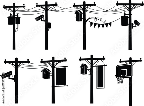 Flat vector silhouette set of utility poles with wires, cameras, transformers, flags, birdhouse, basketball hoop, urban infrastructure design