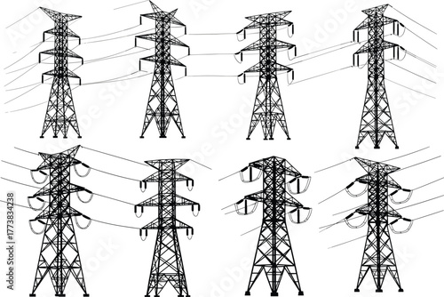 Flat vector silhouette set of electricity pylons, high voltage transmission towers, black infrastructure icons, power line design, energy grid illustration
