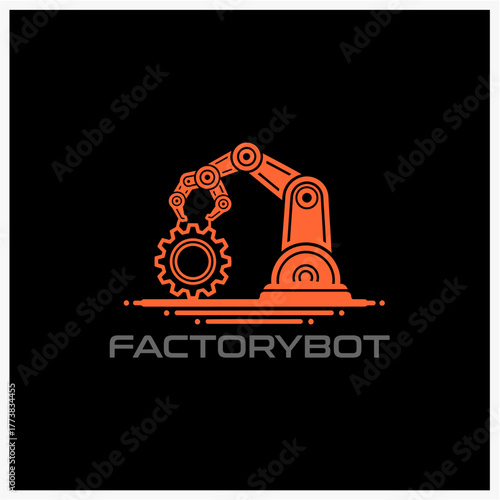 Innovative vector illustration of an orange robotic arm holding a gear, symbolizing advanced industrial automation, smart factory technology, and modern manufacturing processes