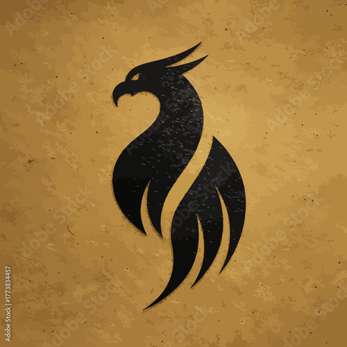 Modern Stylized Black Phoenix Bird Design with Glowing Eyes on Textured Parchment Background. Mythological Mascot Symbol.