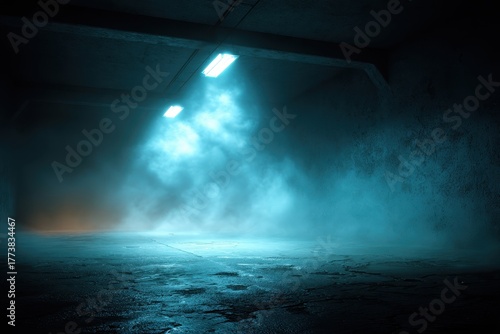 Indoor, dark area with two lights and fog is in this abstract picture. Use for a crime scene, sci-fi, stage set, or theatrical production.