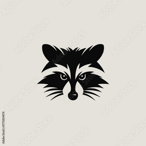 Stylized black and white raccoon head illustration, minimalist graphic design element for wildlife concepts and animal logos