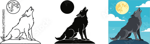 Wolf halloween howling at the full moon vector illustration set featuring three styles: outline, solid silhouette, and color cartoon graphic design bundle elements.