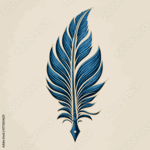 Elegant blue feather quill pen illustration. Vintage writing instrument graphic design for literature, poetry, and creative concepts.
