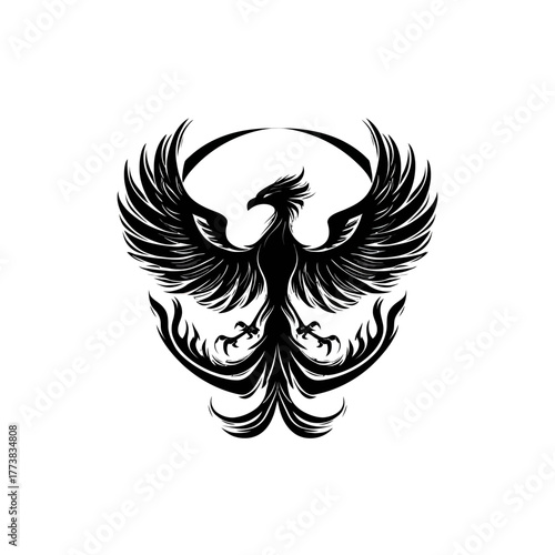 Powerful black phoenix bird illustration with outstretched wings, a majestic mythical creature symbolizing strength and rebirth.