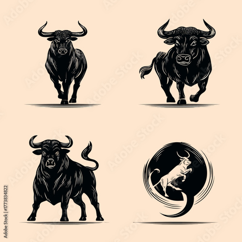 Collection of powerful bull illustrations, vector art for logo and mascot design. Aggressive, strong, vintage style animal concept