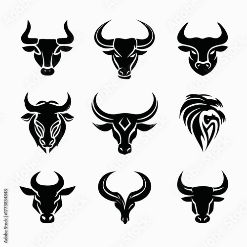 Vector set of powerful animal head silhouettes: aggressive bull, strong buffalo, and majestic lion designs. Tribal, heraldic, emblem style for logos.