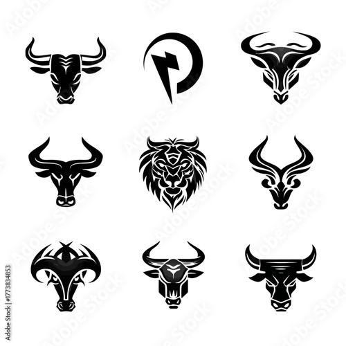 Set of stylized animal head logos and icons, featuring strong bull, powerful ox, and fierce lion designs. Modern graphic vector collection.