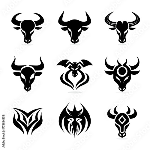 Collection of diverse bull and ox head silhouettes, strong animal symbols, vector logos for design and branding, isolated on white.