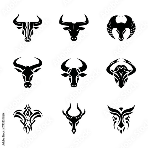 Collection of strong tribal bull and buffalo head vector illustrations. Stylized horned animal logos, mascots, and abstract designs.