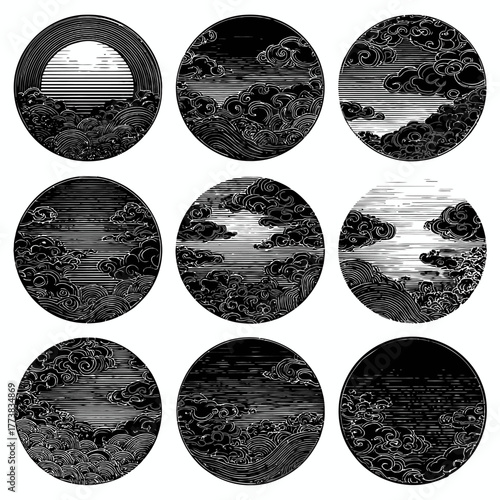 Dramatic Black and White Traditional Asian Style Cloud and Storm Illustrations. Intricate Ukiyo-e Inspired Sky and Sea Graphic Elements Set.