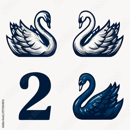 Elegant vintage illustration set featuring a pair of white swans, a majestic black swan, and the number two, perfect for decorative designs.