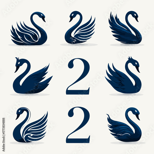 Elegant Black Swan Vector Illustrations Set. Graceful waterfowl designs in various stylized poses, perfect for luxury, nature, and design projects.
