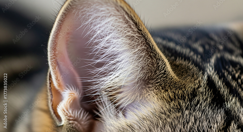 Obraz premium Close-up Macro Shot of Alert Tabby Cat's Ear An extremely detailed macro photograph focusing on the upright ear of a tabby cat. The image sharply captures the inner structure of the pinna