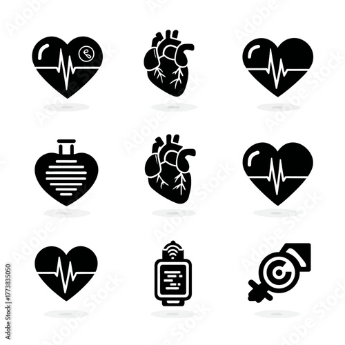Medical Heart Health Icons Set: Cardiology, Heartbeat, Wellness, and Digital Monitoring Symbols. Vector Silhouettes for Healthcare Apps.