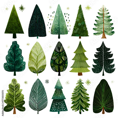 Stylized green evergreen trees collection. Hand-drawn whimsical forest elements. Decorative nature shapes on white background.