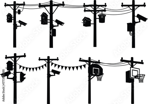 Flat vector silhouette set of utility poles, black urban icons, birdhouse, camera, basketball hoop, flag design, street element illustration