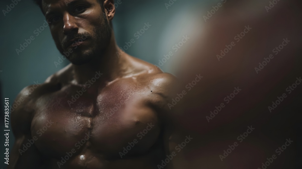 Fototapeta premium Intensely focused muscular bodybuilder sweating during shoulder workout reflected in the gym mirror showcasing dedication and strength